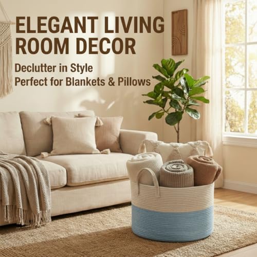 JMvicyroam 65L Extra Large Blanket Basket for Living Room Woven Cotton Rope Laundry Hamper with Reinforced Handles Storage Bin for Pillows Comforters Toys Machine WashableWhiteBlue - Image 3