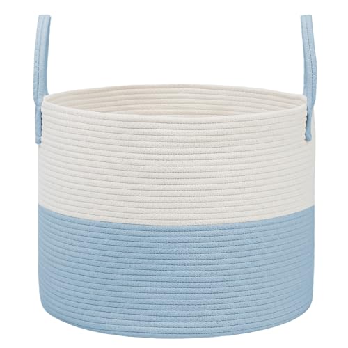 JMvicyroam 65L Extra Large Blanket Basket for Living Room Woven Cotton Rope Laundry Hamper with Reinforced Handles Storage Bin for Pillows Comforters Toys Machine WashableWhiteBlue - Image 1