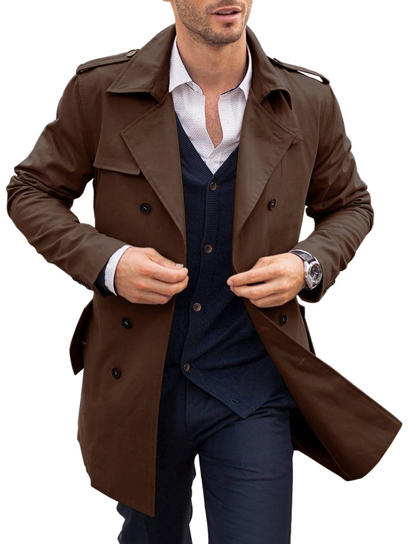 PASLTER Mens Trench Coat Notched Lapel Double Breasted Long Jacket Windbreaker Overcoat Pea Coat - Image 1