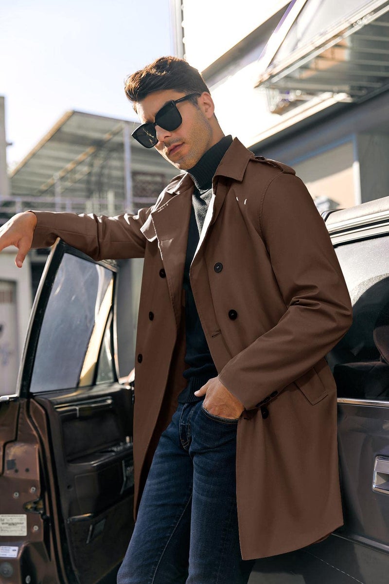 PASLTER Mens Trench Coat Notched Lapel Double Breasted Long Jacket Windbreaker Overcoat Pea Coat - Image 2