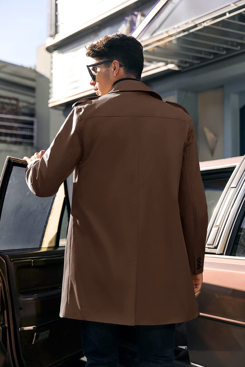 PASLTER Mens Trench Coat Notched Lapel Double Breasted Long Jacket Windbreaker Overcoat Pea Coat - Image 3