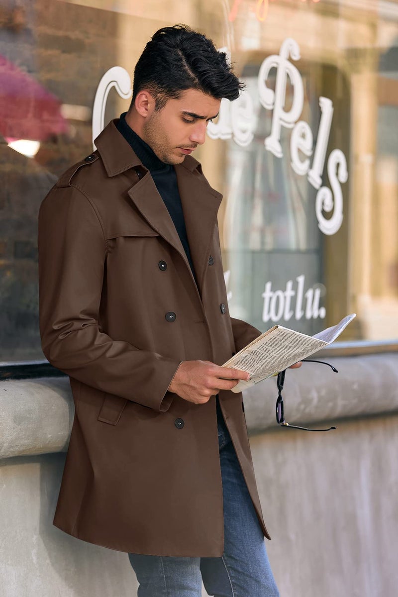 PASLTER Mens Trench Coat Notched Lapel Double Breasted Long Jacket Windbreaker Overcoat Pea Coat - Image 4