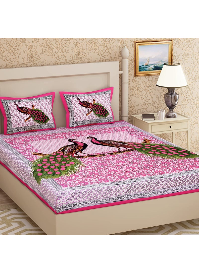 Queenie Queenie Brand Peacock Print 144 TC 100% Cotton Double Bedsheet with 2 Pillow Covers,Salmon  - Image 1