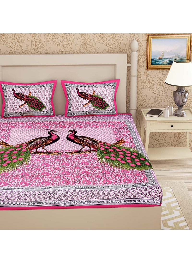 Queenie Queenie Brand Peacock Print 144 TC 100% Cotton Double Bedsheet with 2 Pillow Covers,Salmon  - Image 2