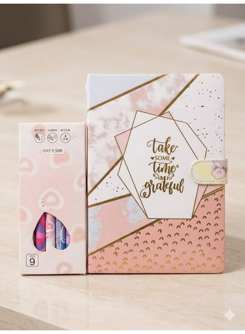 Uniquely designed notebook - sturdy cover and vibrant colors, with 6 fountain pens