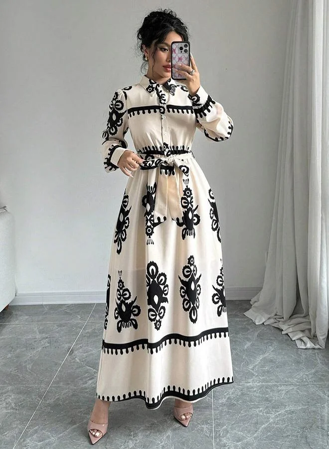 Take Two Women Graphic Belted Button Front Maxi Dress