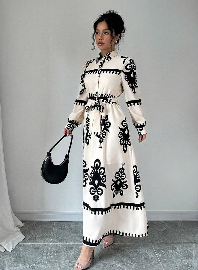 تايك تو فستان طويل بأزرار أمامية ومزين بحزام وطبعة جرافيك - Image 4