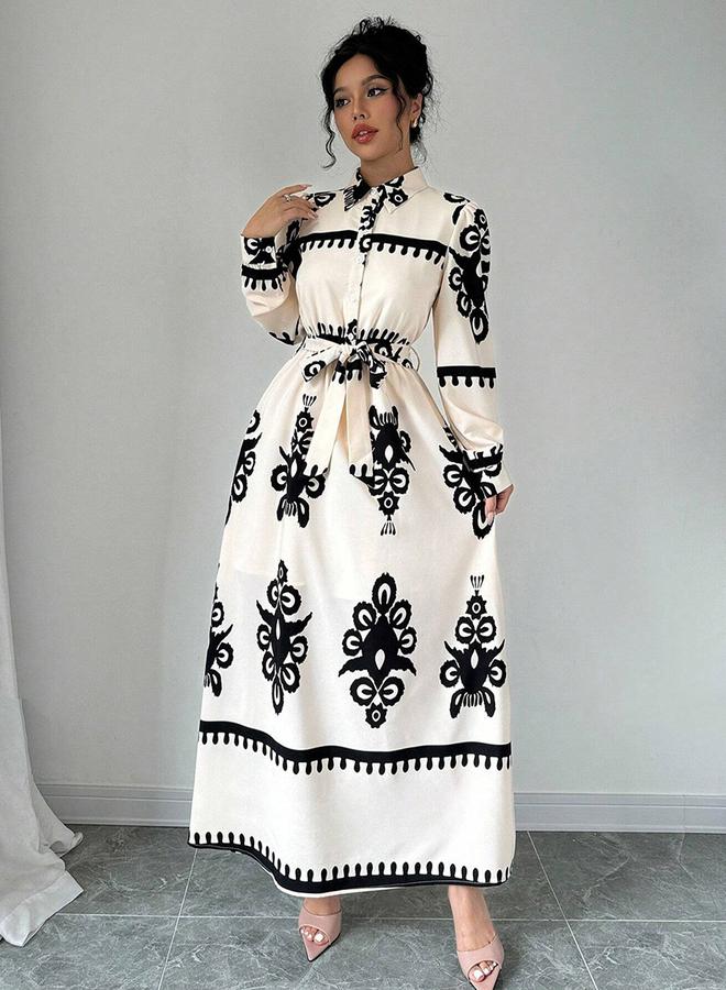 تايك تو فستان طويل بأزرار أمامية ومزين بحزام وطبعة جرافيك - Image 3