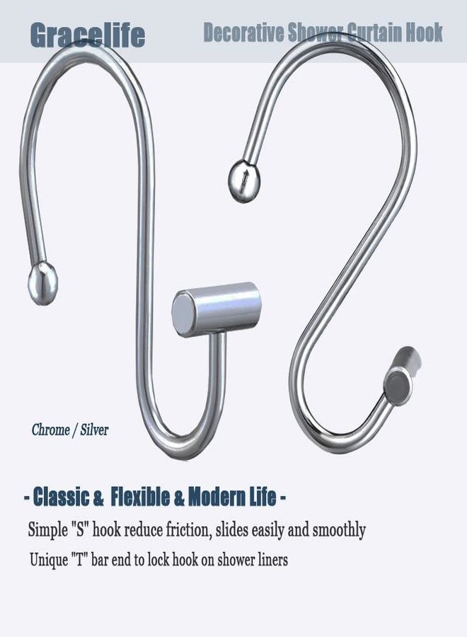 Gracelife Shower Curtain Hooks,Set of 12 Rust Resistant Metal Shower Curtain Rings for Bathroom,T-Bar Decorative Hooks Hangers for Shower Rod (Chrome) - Image 3