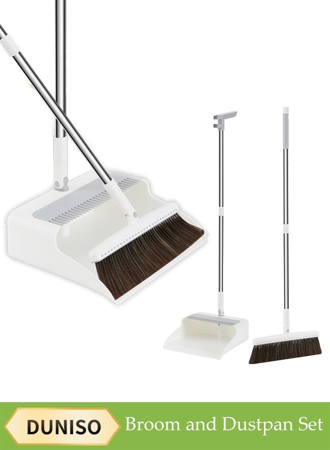 DUNISO Broom and Dustpan Set，With Scraping Teeth，Multifunctional Floor Cleaning Tools,Foldable， Suitable for Home and Office Cleaning，White  - Image 1