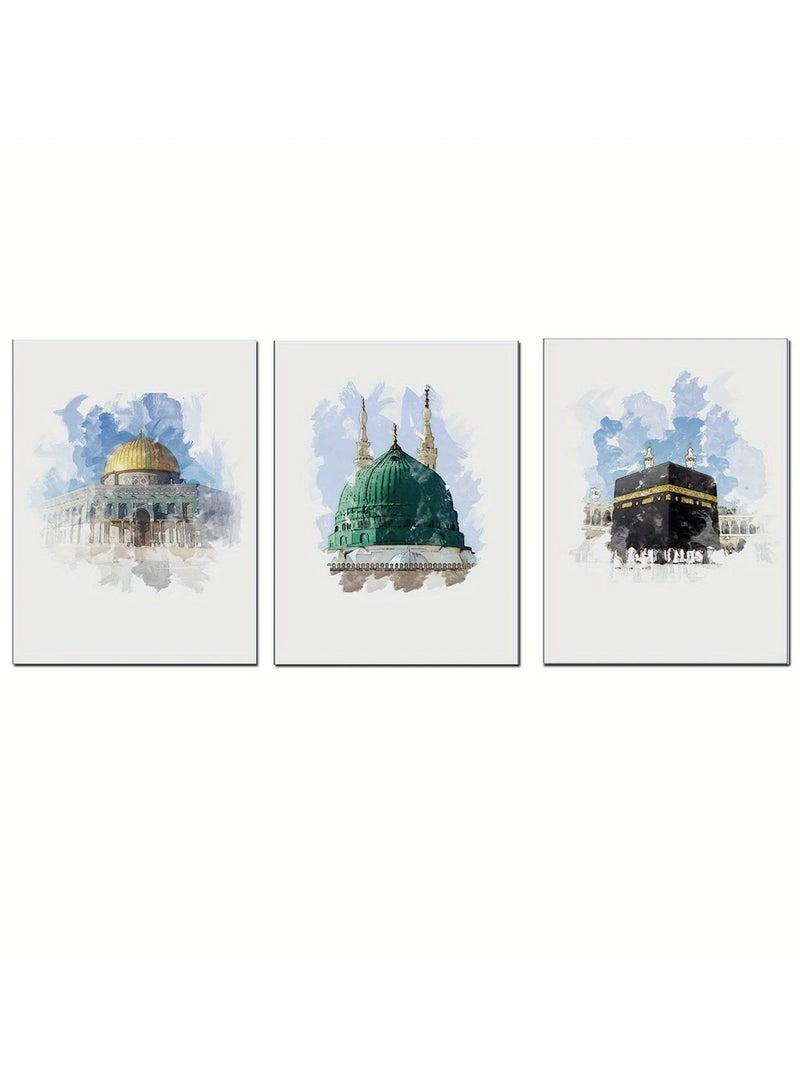 Set of 3 modern, beautiful and elegant watercolor canvas paintings of the Holy Kaaba, Medina and Al-Aqsa Mosque in the Islamic architectural style without any frame. An elegant decorative element for the home, bedroom, living room, prayer room, home or office, or an ideal gift for special people. You can add a wooden frame to it or even hang the painting with clips without any frame. Its size is 50*40 cm. Number of paintings 3  - Image 1