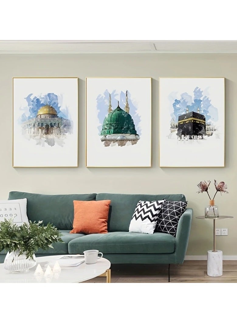 Set of 3 modern, beautiful and elegant watercolor canvas paintings of the Holy Kaaba, Medina and Al-Aqsa Mosque in the Islamic architectural style without any frame. An elegant decorative element for the home, bedroom, living room, prayer room, home or office, or an ideal gift for special people. You can add a wooden frame to it or even hang the painting with clips without any frame. Its size is 50*40 cm. Number of paintings 3  - Image 2