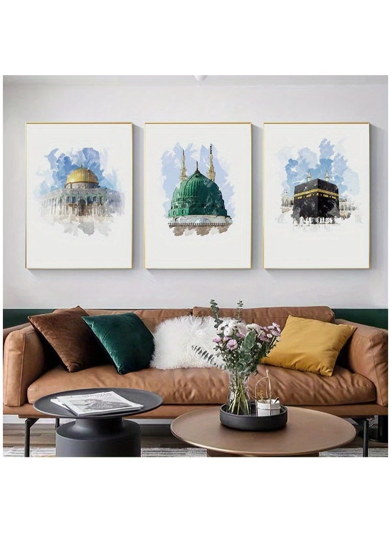 Set of 3 modern, beautiful and elegant watercolor canvas paintings of the Holy Kaaba, Medina and Al-Aqsa Mosque in the Islamic architectural style without any frame. An elegant decorative element for the home, bedroom, living room, prayer room, home or office, or an ideal gift for special people. You can add a wooden frame to it or even hang the painting with clips without any frame. Its size is 50*40 cm. Number of paintings 3  - Image 3