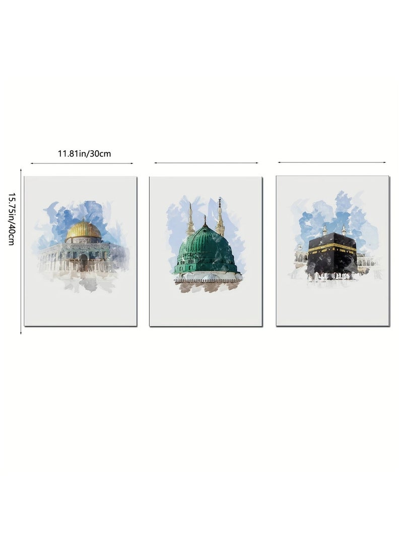 Set of 3 modern, beautiful and elegant watercolor canvas paintings of the Holy Kaaba, Medina and Al-Aqsa Mosque in the Islamic architectural style without any frame. An elegant decorative element for the home, bedroom, living room, prayer room, home or office, or an ideal gift for special people. You can add a wooden frame to it or even hang the painting with clips without any frame. Its size is 50*40 cm. Number of paintings 3  - Image 4