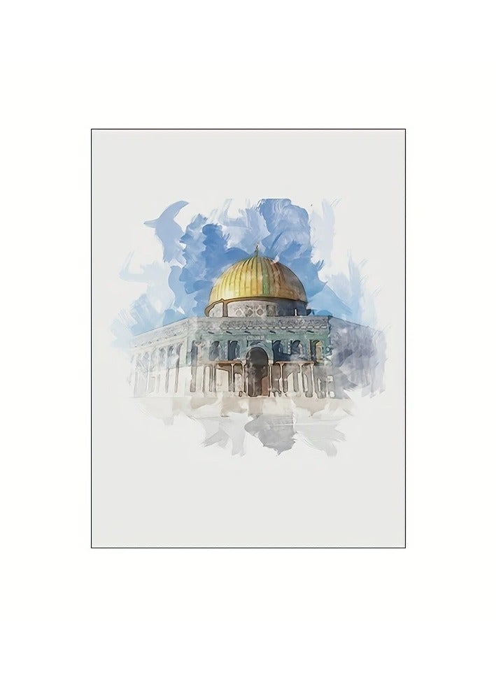 Set of 3 modern, beautiful and elegant watercolor canvas paintings of the Holy Kaaba, Medina and Al-Aqsa Mosque in the Islamic architectural style without any frame. An elegant decorative element for the home, bedroom, living room, prayer room, home or office, or an ideal gift for special people. You can add a wooden frame to it or even hang the painting with clips without any frame. Its size is 50*40 cm. Number of paintings 3  - Image 5