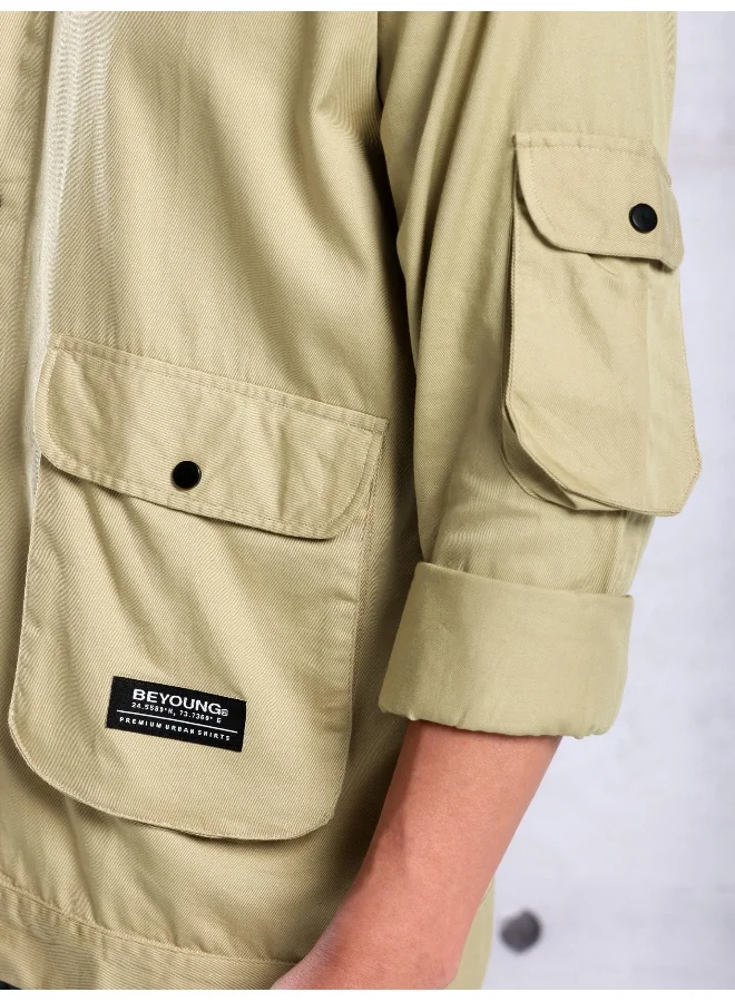 Beyoung Beige Utility Pockets Shirt for Men