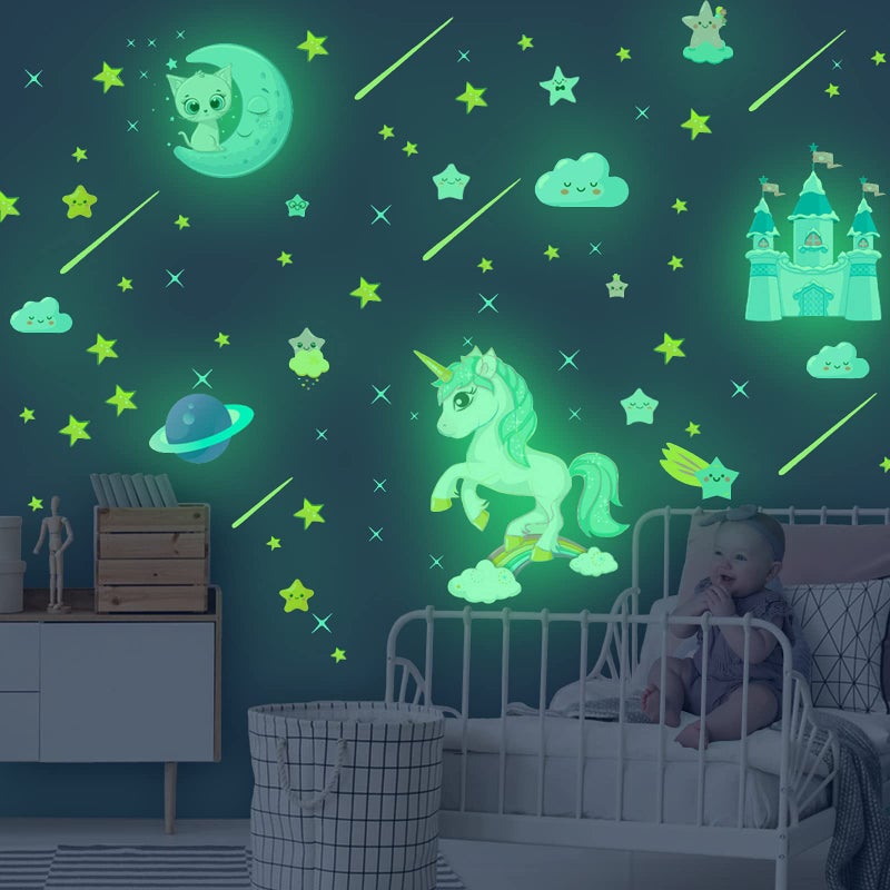 Glow in The Dark Unicorn Stickers 206 pcs Cats and Moon Wall Decals Glowing Castle Clouds Ceiling Decor for Kids Bedroom Stars and Rainbow Wall Decor for Girls and Boys Gift