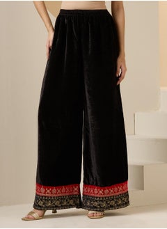 ISHIN Women's Black Velvet Embroidered Tunic Full Length Palazzo Straight Fit Kurta Set  - Image 3