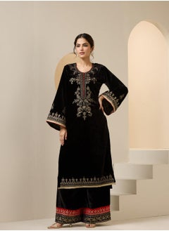 ISHIN Women's Black Velvet Embroidered Tunic Full Length Palazzo Straight Fit Kurta Set  - Image 5