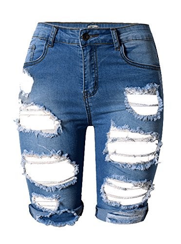 OLRAIN Womens High Waist Ripped Hole Washed Distressed Short Jeans 8 Blue - Image 1