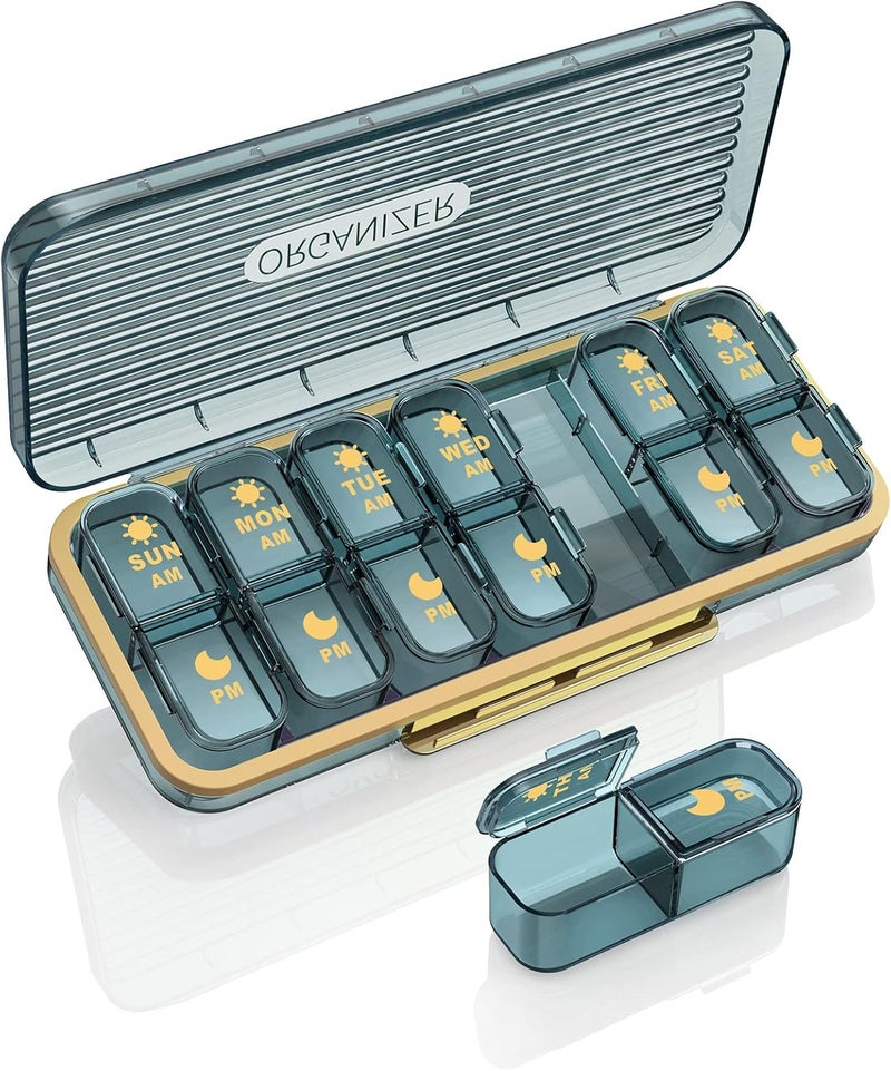 Am Pm Pill Organizer, Weekly Pill Box 2 Times A Day - Acedada 7 Day Pill Organizer with 7 Separate Containers, Portable Daily Medicine Dispenser Case for Vitamin, Fish Oils, Supplements, Stylish Blue
