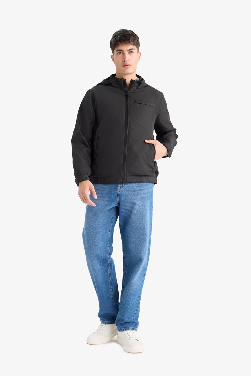 DeFacto Black Man Regular Fit Stand Collar Lined Hidden Hood Zippered Waterproof Jacket Casual - Image 2