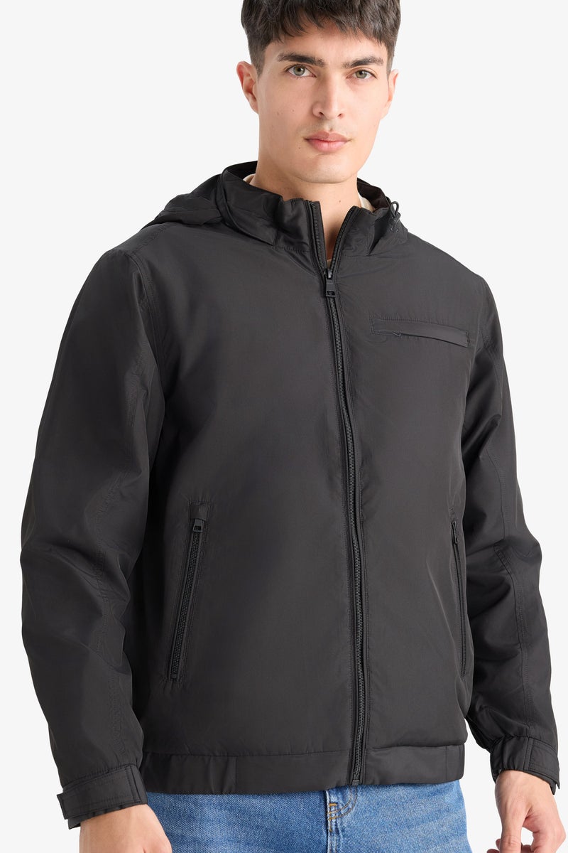 DeFacto Black Man Regular Fit Stand Collar Lined Hidden Hood Zippered Waterproof Jacket Casual - Image 1