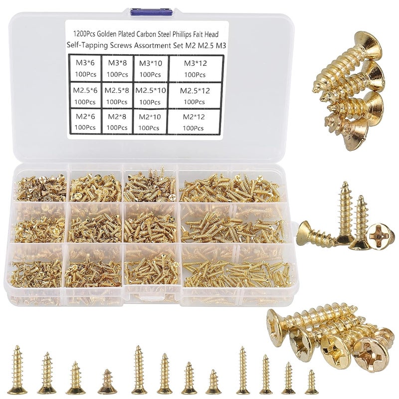 HanTof 1200Pcs Tiny Phillips Flat Head Self Tapping Screws for Wood, Plastic and Soft Metal. M2 M2.5 M3 Small Countersunk Tapper Screws Set for DIY Micro Woodworking Furniture Box. Golden,Carbon Steel - Image 1
