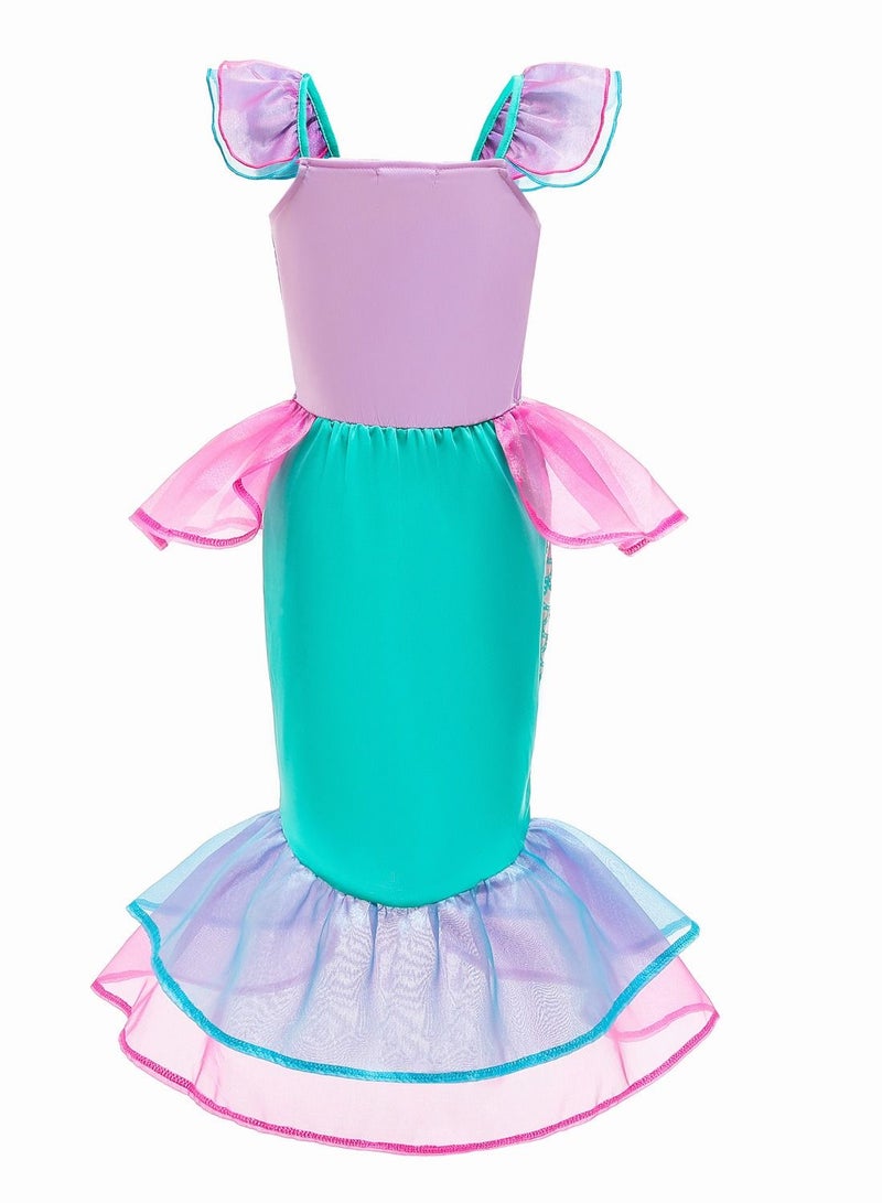 Girls Mermaid Princess Dress - Pastel Purple & Green Mesh Scale Tail Gown with Ruffle Sleeves & Layered Fin Hem, Fairy Cosplay Costume for Halloween, Birthday Parties & Pretend Play - Image 3