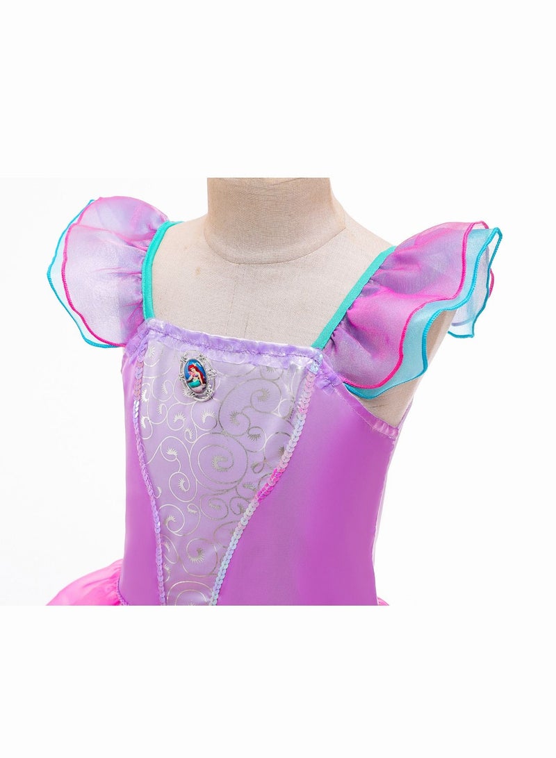 Girls Mermaid Princess Dress - Pastel Purple & Green Mesh Scale Tail Gown with Ruffle Sleeves & Layered Fin Hem, Fairy Cosplay Costume for Halloween, Birthday Parties & Pretend Play - Image 5