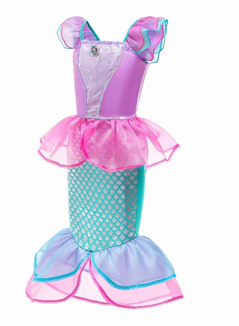 Girls Mermaid Princess Dress - Pastel Purple & Green Mesh Scale Tail Gown with Ruffle Sleeves & Layered Fin Hem, Fairy Cosplay Costume for Halloween, Birthday Parties & Pretend Play - Image 2