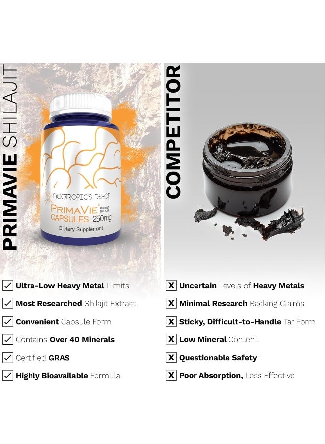 Primavie Shilajit Capsules | 250Mg | 90 Count | Purified Extract | Ayurvedic Herb | Supports Mitochondrial Function + Boosts Endurance