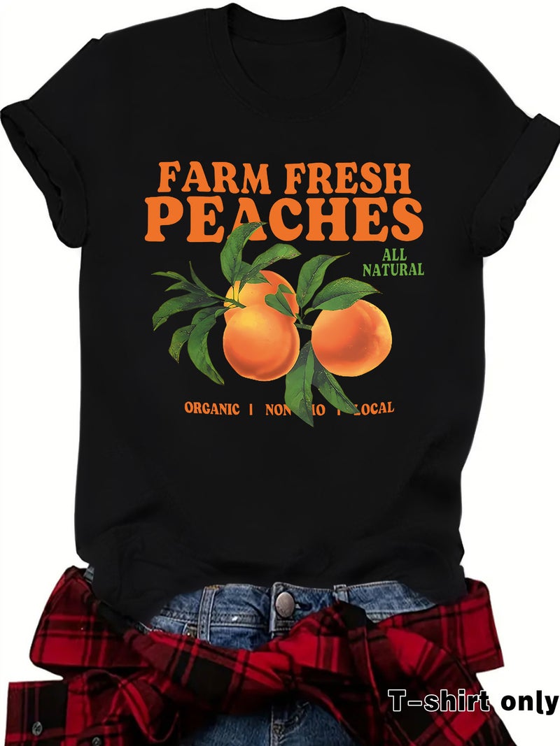 Casual T-Shirt Farm Peaches Peach Print Summer Round Neck Short Sleeve Top Women - Image 2