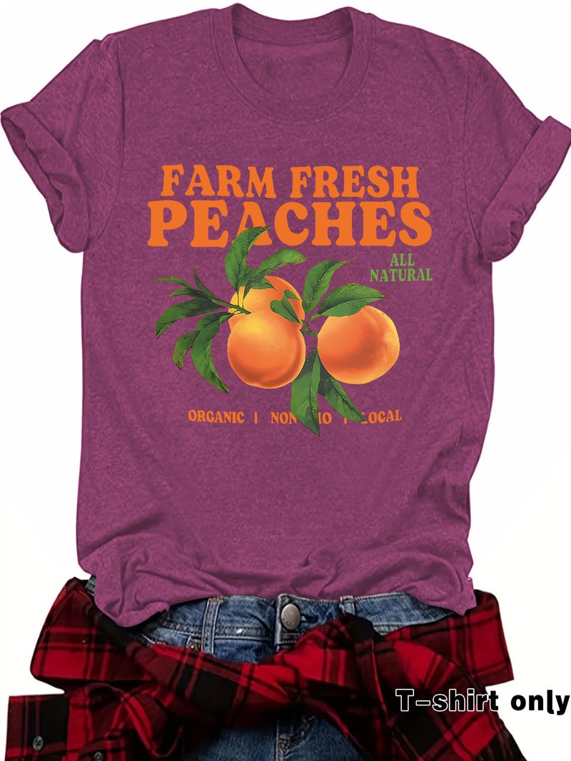 Casual T-Shirt Farm Peaches Peach Print Summer Round Neck Short Sleeve Top Women - Image 3