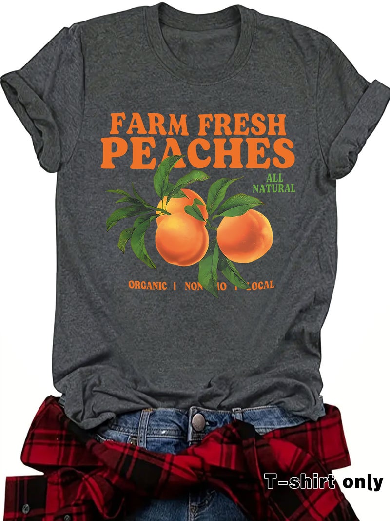 Casual T-Shirt Farm Peaches Peach Print Summer Round Neck Short Sleeve Top Women - Image 5
