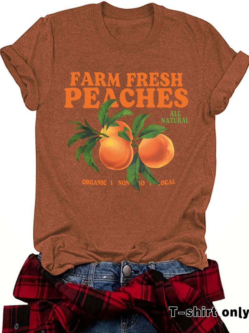 Casual T-Shirt Farm Peaches Peach Print Summer Round Neck Short Sleeve Top Women - Image 1
