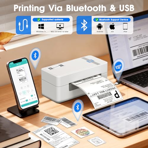 HIROBOT Bluetooth Thermal Label Printer | Adjustable Size | 4×6 Barcode Shipping Label Printer | Wireless High-Speed Print 3x5,2x1,Round,Etc | Print from Smartphone,Laptop,PC,Tablet | DHL,Amazon,Etc - Image 2