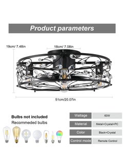Ganeed 20 inch Caged Ceiling Fans with Lights and Remote,Crystal Chandelier Fan Light, Bladeless Black Fandelier Ceiling Fan Fixtures for Bedroom Kitchen Farmhouse（6 Speed, Timing）  - Image 3