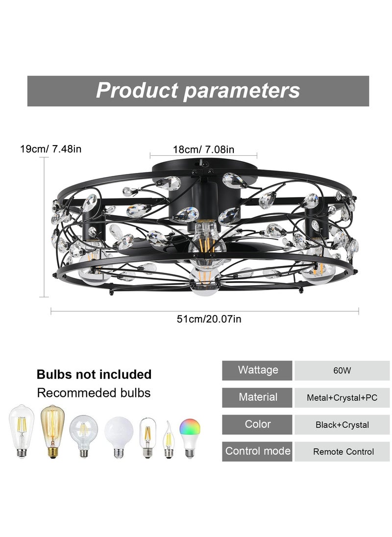 Ganeed 20 inch Caged Ceiling Fans with Lights and Remote,Crystal Chandelier Fan Light, Bladeless Black Fandelier Ceiling Fan Fixtures for Bedroom Kitchen Farmhouse（6 Speed, Timing）  - Image 3