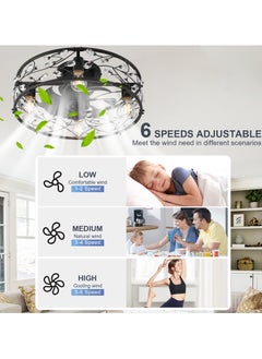Ganeed 20 inch Caged Ceiling Fans with Lights and Remote,Crystal Chandelier Fan Light, Bladeless Black Fandelier Ceiling Fan Fixtures for Bedroom Kitchen Farmhouse（6 Speed, Timing）  - Image 4