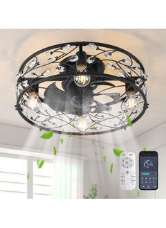 Ganeed 20 inch Caged Ceiling Fans with Lights and Remote,Crystal Chandelier Fan Light, Bladeless Black Fandelier Ceiling Fan Fixtures for Bedroom Kitchen Farmhouse（6 Speed, Timing）  - Image 1