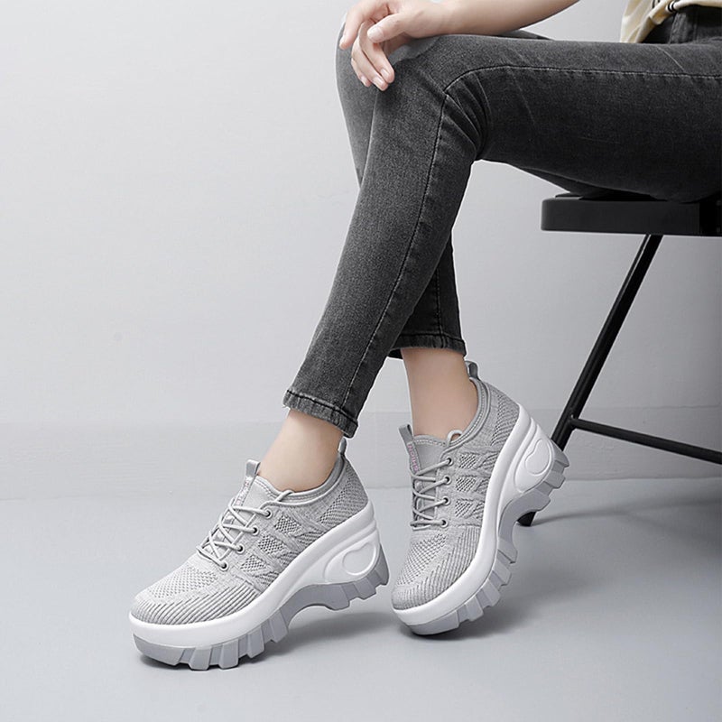 XBLDU Women's Chunky Platform Comfort Orthopedic Wedge Walking Shoes Fashion Knitted Breathable Lace Up Lug Sole Casual Non-Slip Running Shoes With Arch Support (grey, Adult, Women, 8, Numeric, US Footwear Size System, Medium) - Image 3