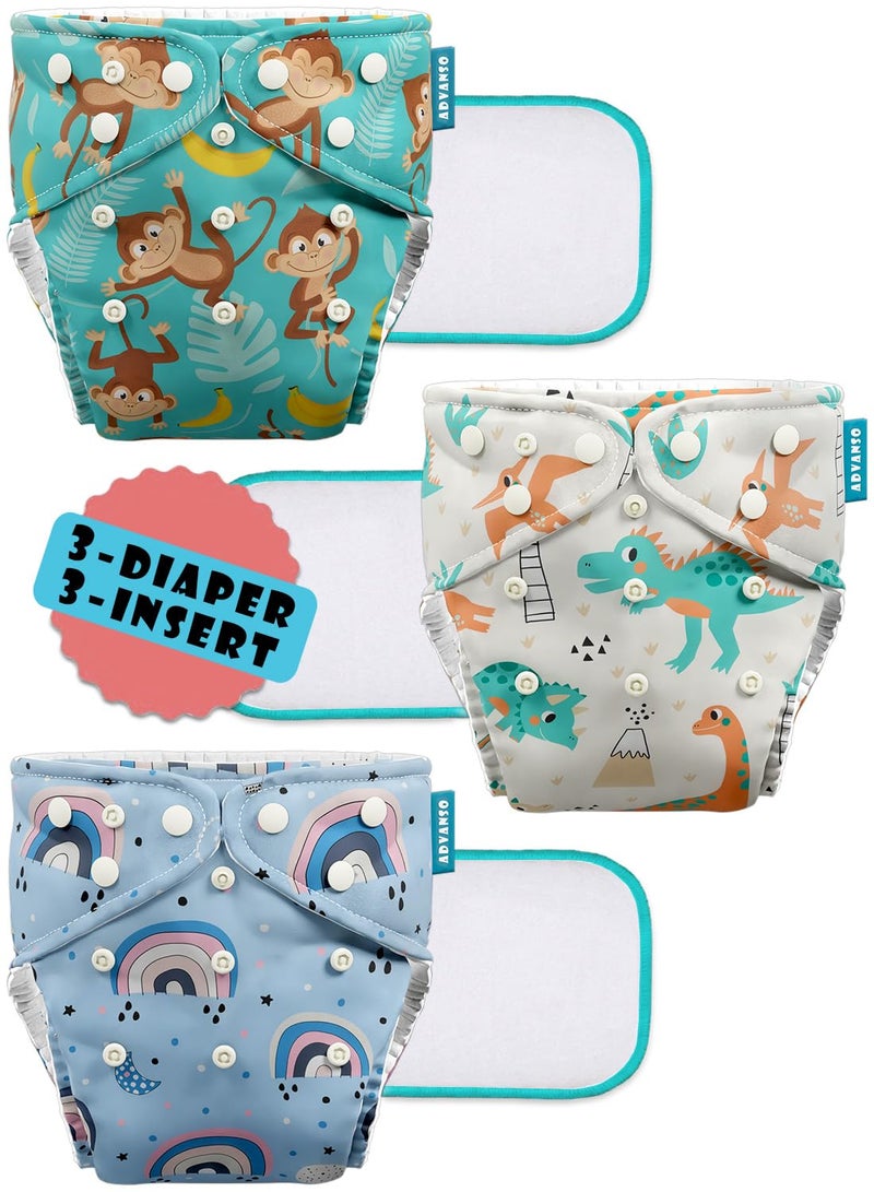 Advanso Leakage Proof cloth diapers for babies, high absorbent 3 reusable diaper 3 insert pad combo pack washable cloth diaper free size 5-18kg adjustable pocket cover 31 - Image 1
