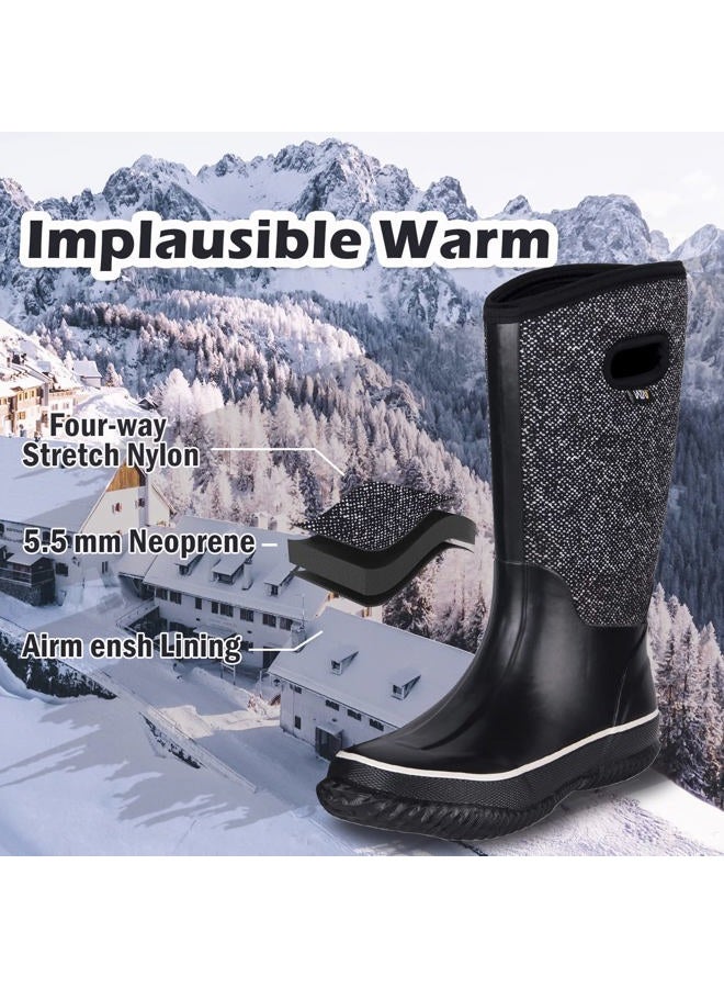 WTW Mid Calf Rain Boots for Women - Waterproof Insulated Neoprene Mud Boots Outdoor Hunting Garden Boots, White Plaid, 8 - Image 4