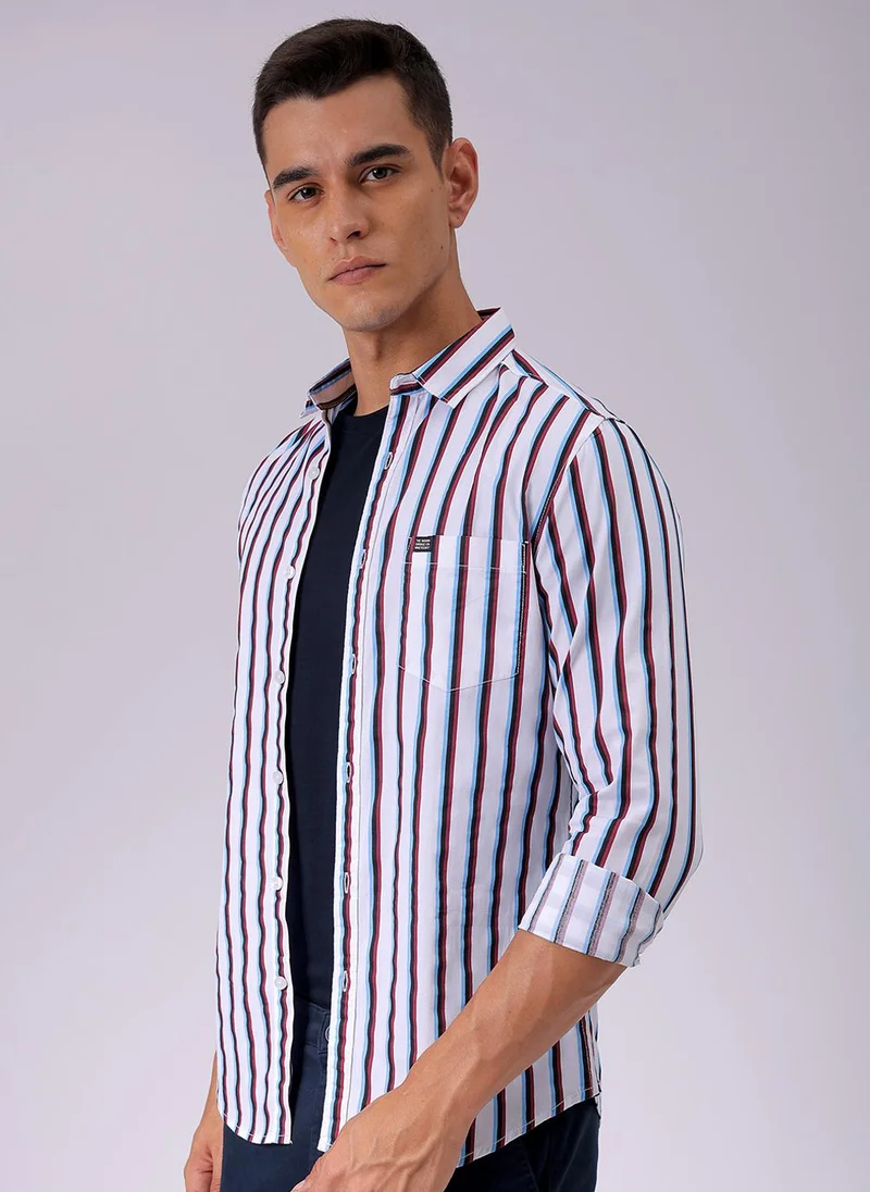 ذا انديان كراج كو Men Slim Fit Multi Striped Full Sleeves Cutaway Collar Casual Shirt