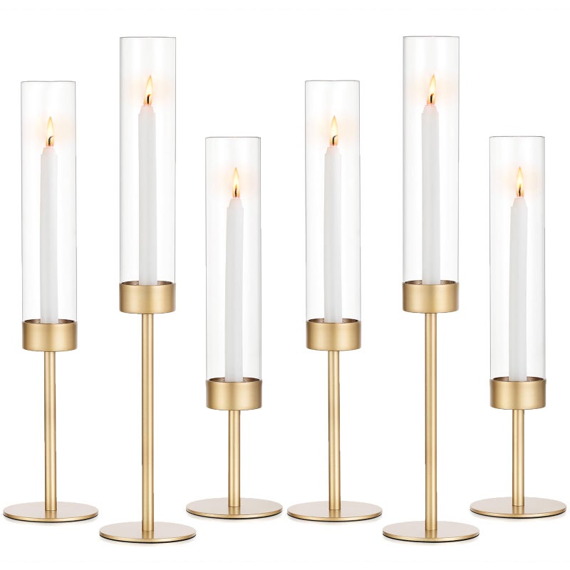 Romadedi Glass Hurricane Candlestick Holders Gold - Romadedi Set of 6 Taper Candle Holder Bulk Tall Clear Glass Cylinder Table Centerpiece Wedding Decor Party Birthday Christmas Home Decorations - Image 1