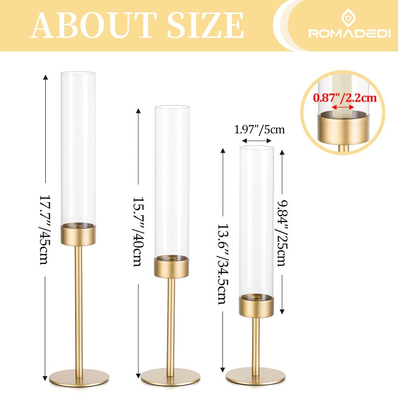 Romadedi Glass Hurricane Candlestick Holders Gold - Romadedi Set of 6 Taper Candle Holder Bulk Tall Clear Glass Cylinder Table Centerpiece Wedding Decor Party Birthday Christmas Home Decorations - Image 5
