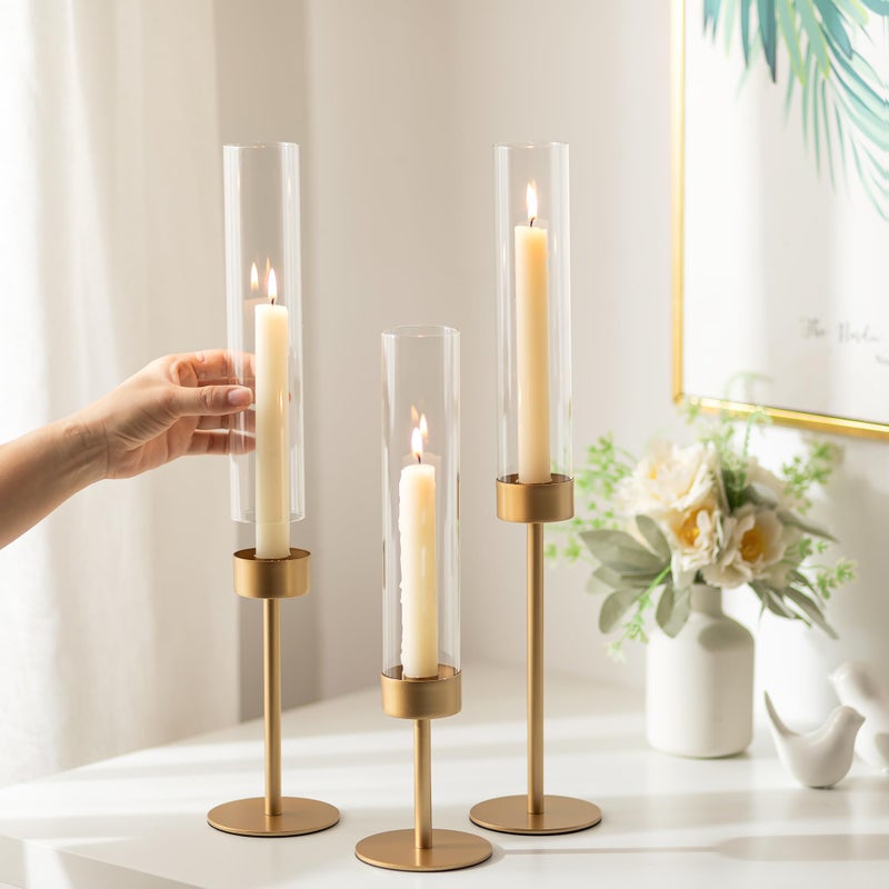 Romadedi Glass Hurricane Candlestick Holders Gold - Romadedi Set of 6 Taper Candle Holder Bulk Tall Clear Glass Cylinder Table Centerpiece Wedding Decor Party Birthday Christmas Home Decorations - Image 3