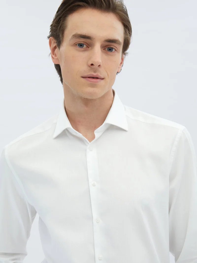 Kip White Plain Regular Fit Woven Classic Cotton Blend Shirt