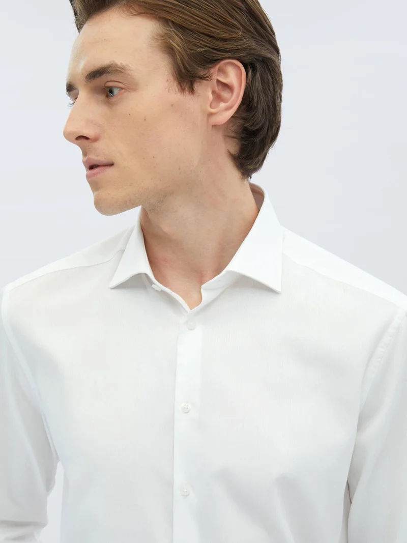 Kip White Plain Regular Fit Woven Classic Cotton Blend Shirt
